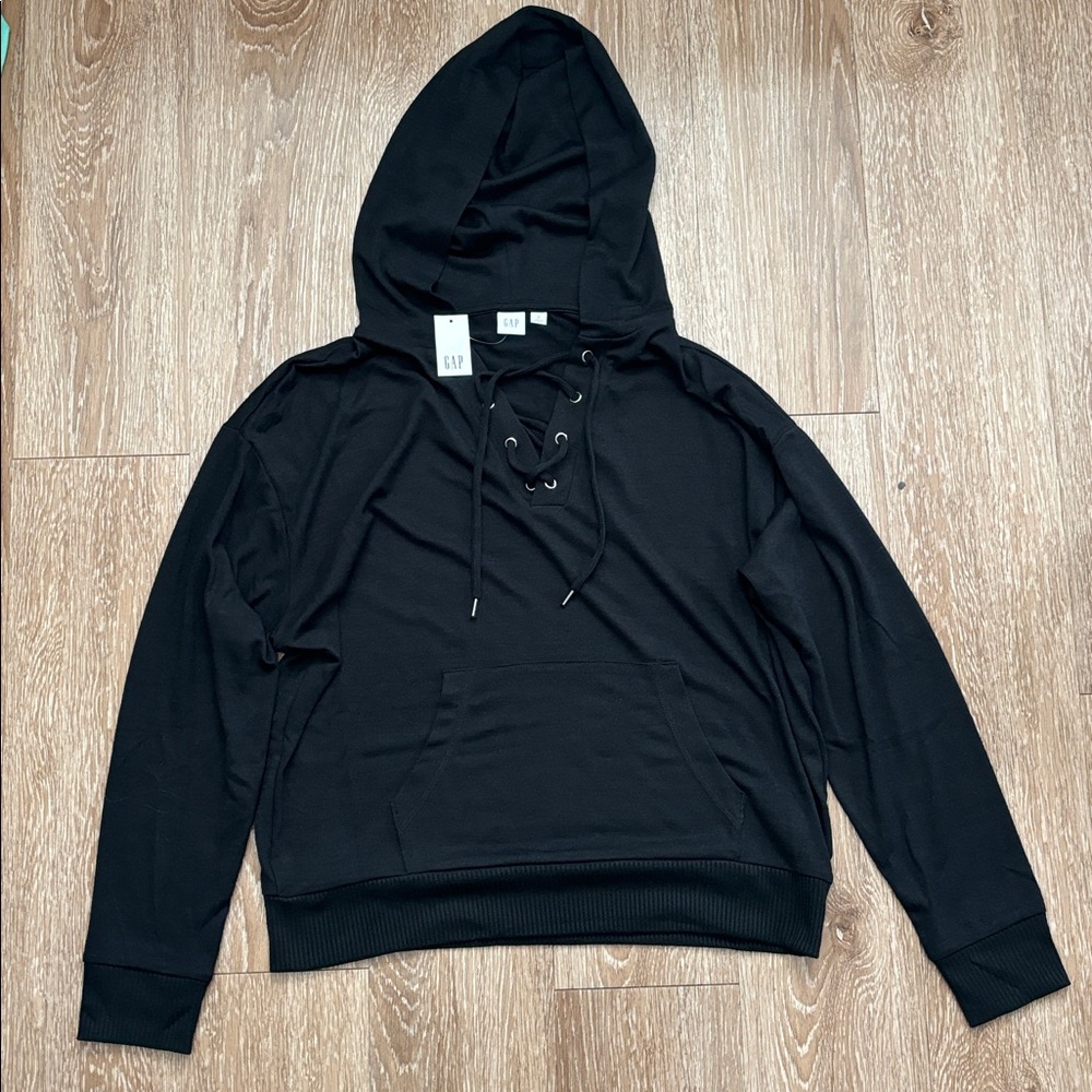 New! GAP black softspun knit hoodie w/ lace up front detail, small